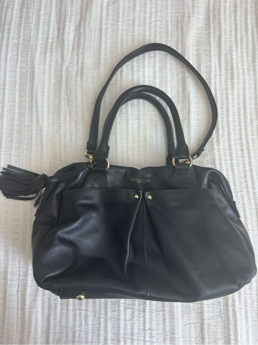 Tignanello Black Leather Shoulder Bag with Tassel